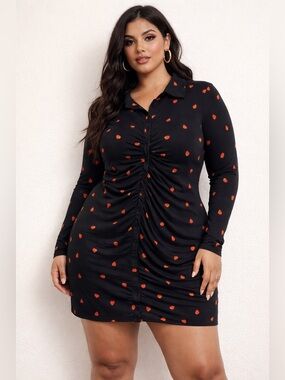 Forever 21 Black Long-Sleeve Ruched Dress with Red Strawberry Print